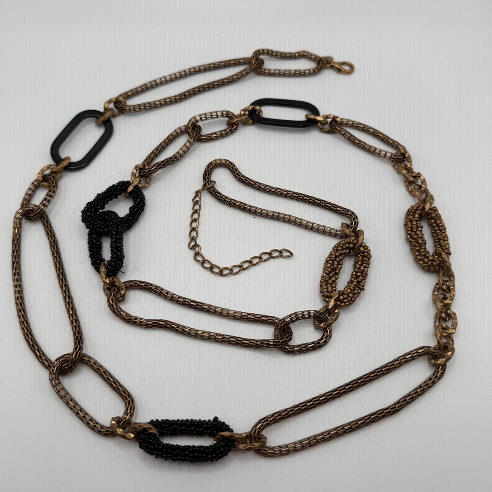 Chicos Womens Antique Gold Mesh and Black Seed Bead Adjustable Chain Belt